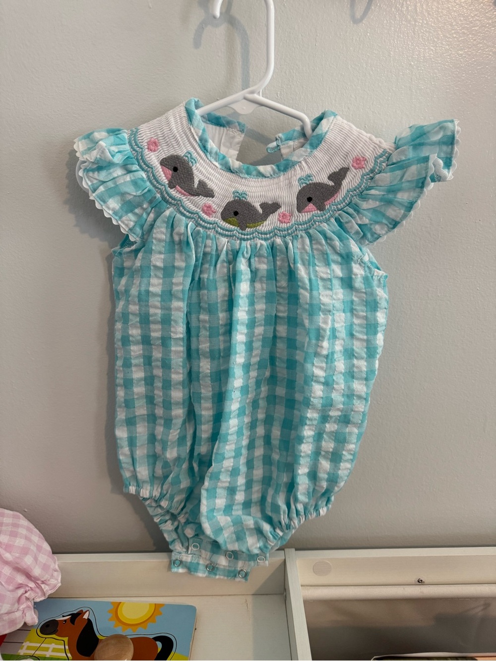 Toddler Aqua Gingham Smocked One-Piece Bodysuit with Whale Embroidery